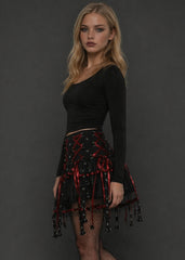 Sheer mesh gothic mini skirt with grommets and red lace-up accents, front view – Pretty Attitude