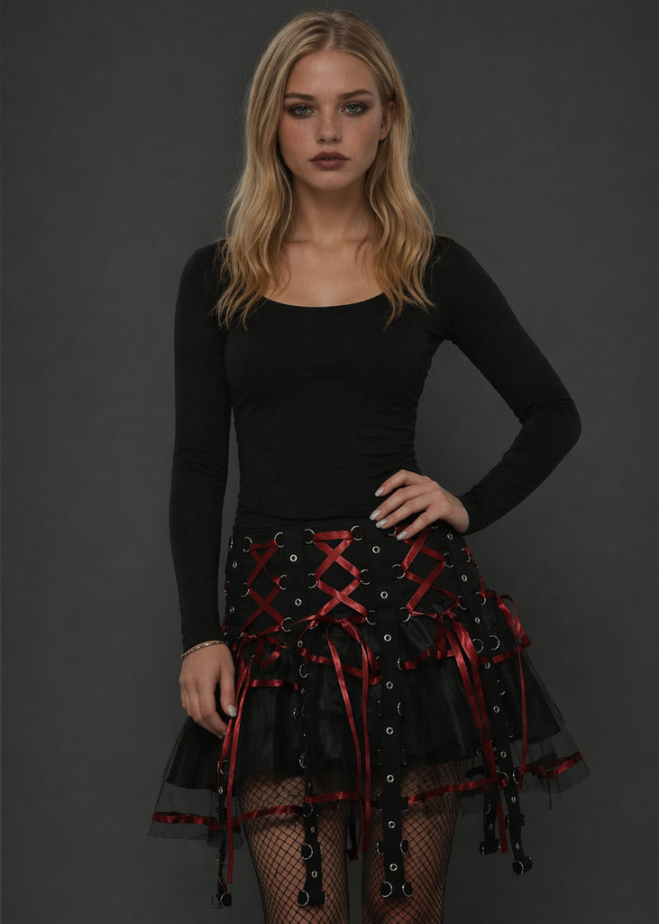 Gothic black layered tulle mini skirt with red ribbon lace-up and metal grommets – Pretty Attitude