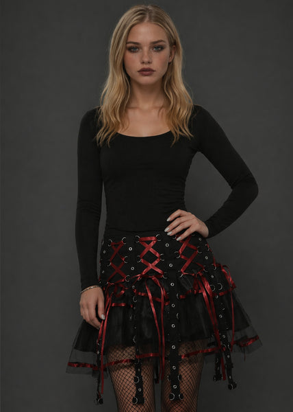 Gothic black layered tulle mini skirt with red ribbon lace-up and metal grommets – Pretty Attitude