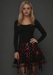 Gothic black layered tulle mini skirt with red ribbon lace-up and metal grommets – Pretty Attitude