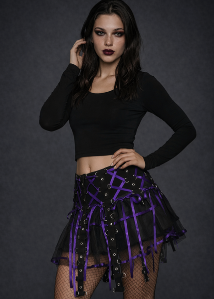 Gothic Black Tulle Skirt with Purple Ribbon Lace Up