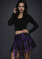Gothic Black Tulle Skirt with Purple Ribbon Lace Up