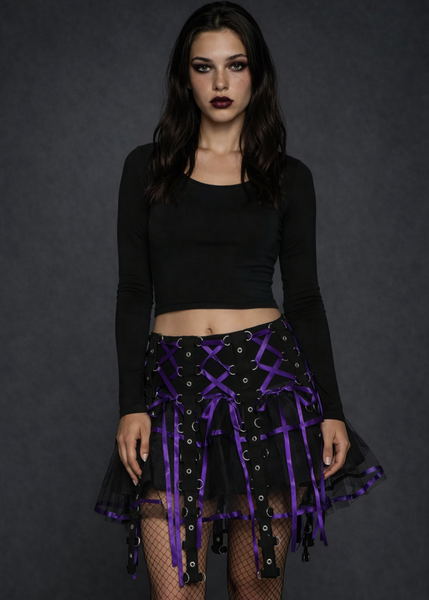 Gothic Black Tulle Skirt with Purple Ribbon Lace Up