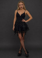 Black tulle skirt with harness straps and black satin ribbon detail, styled for alt fashion – Pretty Attitude