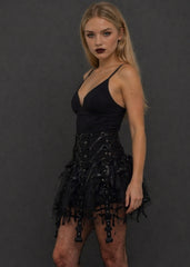 Sheer mesh gothic mini skirt with grommets and black lace-up accents, front view – Pretty Attitude