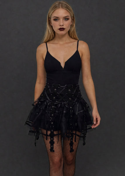 Gothic black layered tulle mini skirt with black ribbon lace-up and metal grommets – Pretty Attitude