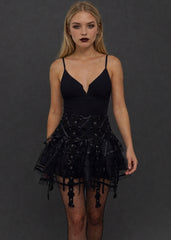 Gothic black layered tulle mini skirt with black ribbon lace-up and metal grommets – Pretty Attitude