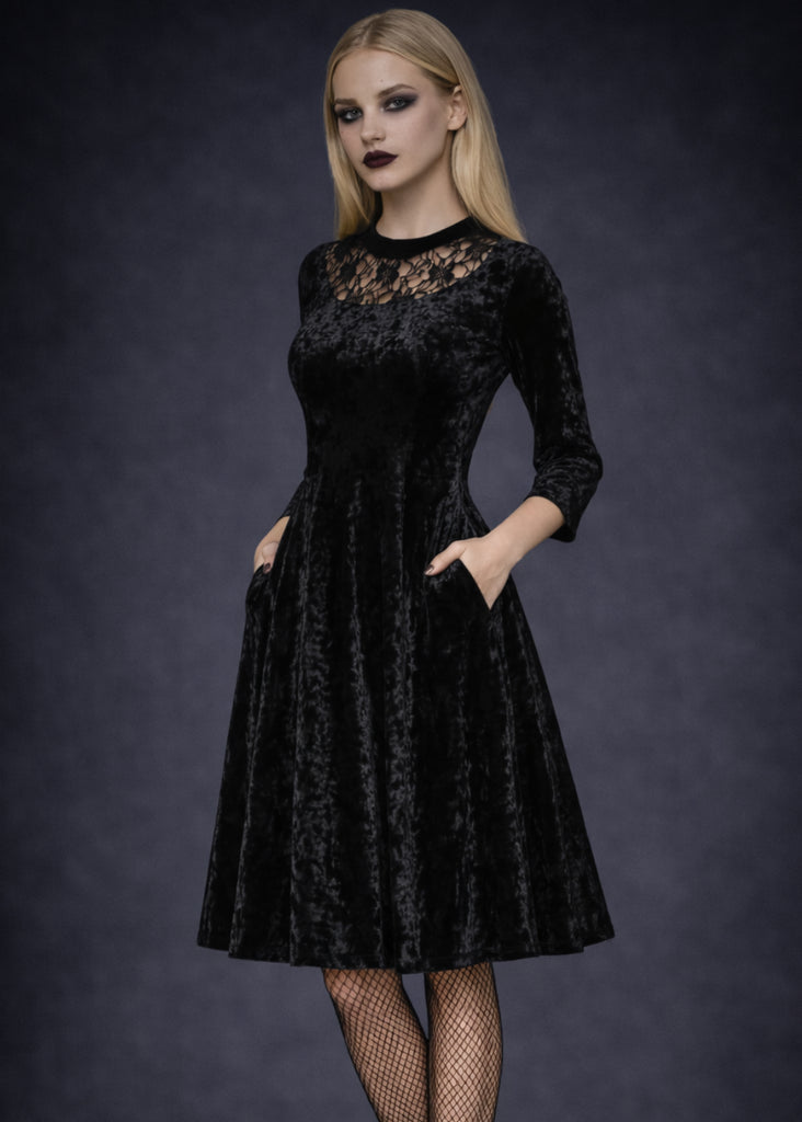 Black Velvet Gothic Dress with Lace | Long Sleeve Victorian Goth Dress US 12 / Black Black Velvet Gothic Dress with Lace | Long Sleeve Victorian Goth Dress US 12 / Black