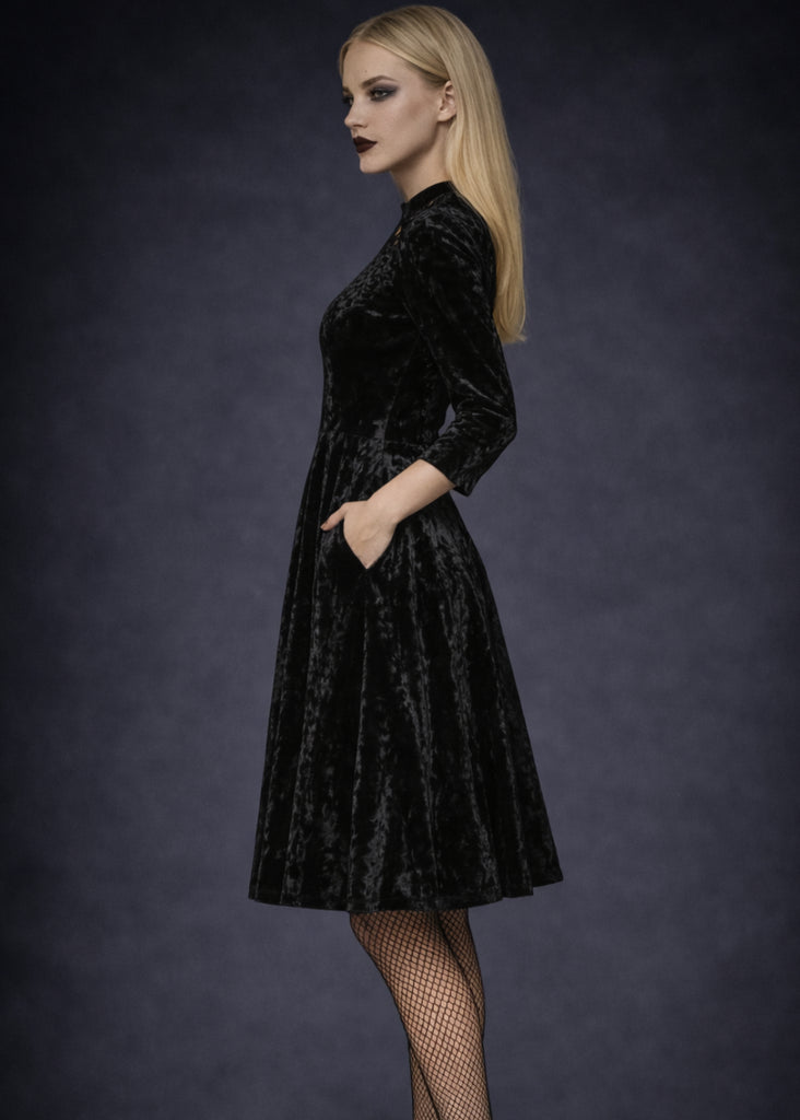Black Velvet Gothic Dress with Lace | Long Sleeve Victorian Goth Dress US 12 / Black Black Velvet Gothic Dress with Lace | Long Sleeve Victorian Goth Dress US 12 / Black