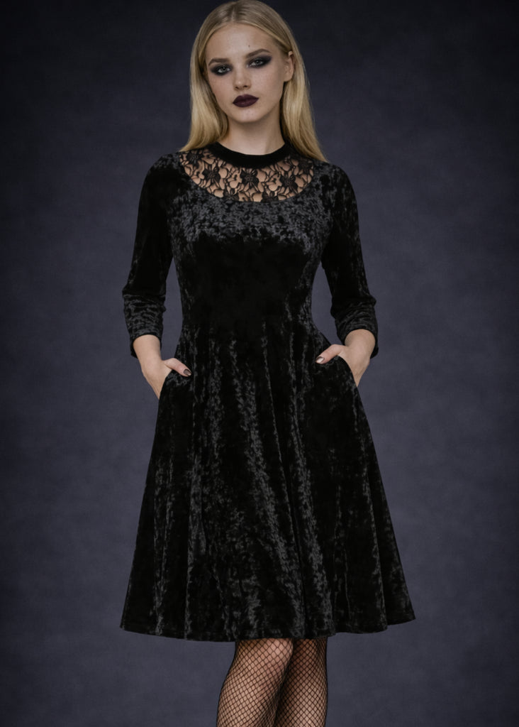 Pretty Attitude Black Velvet Gothic Dress with Lace Details US 12 / Black Pretty Attitude Black Velvet Gothic Dress with Lace Details US 12 / Black
