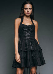 Gothic mini halter dress with corset lacing and lace details – dark elegance for alternative fashion lovers.
