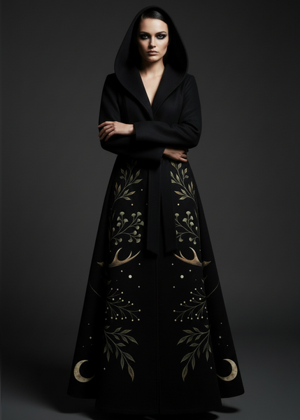 Front view of women's black witchy hooded belted coat with botanical leaf and crescent moon print, floor-length gothic outerwear
