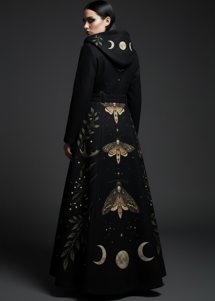 Back view of women's black gothic maxi coat with celestial moth and moon phase print, hooded belted style
