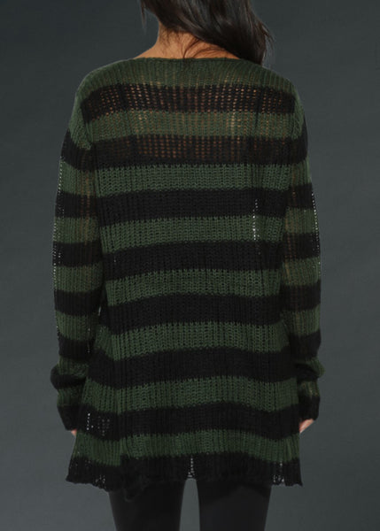 Oversized distressed knit pullover in black and green stripes, alternative punk goth fashion