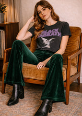 green velvet bell bottoms 70s flare pants high-waisted festival wear concert outfit 