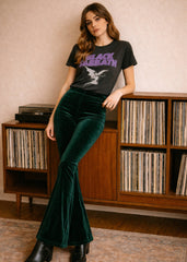 green velvet bell bottoms 70s flare pants high-waisted festival wear concert outfit 