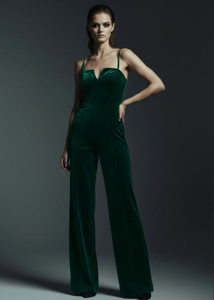 Green velvet wide leg jumpsuit full length front view with spaghetti straps and V-neckline