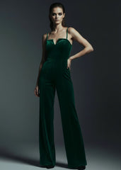 Green velvet wide leg jumpsuit full length front view with spaghetti straps and V-neckline