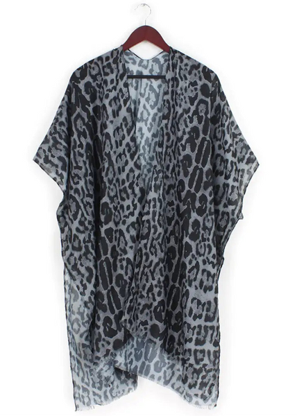 Grey leopard print chiffon kimono cardigan with fringe hem — festival boho duster, one size fits most
