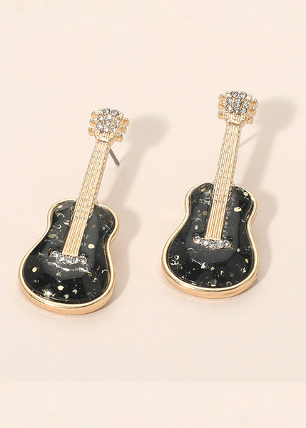 Close-up of black electric guitar earrings, hypoallergenic statement jewelry for music lovers – Pretty Attitude

