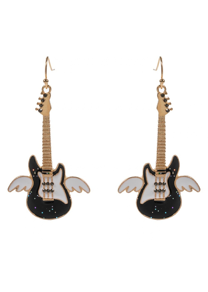Black winged electric guitar drop earrings with miniature string and tuning details on fish hook backs