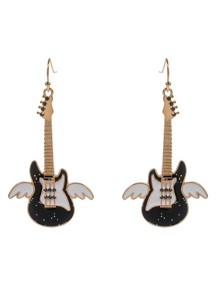 Black winged electric guitar drop earrings with miniature string and tuning details on fish hook backs