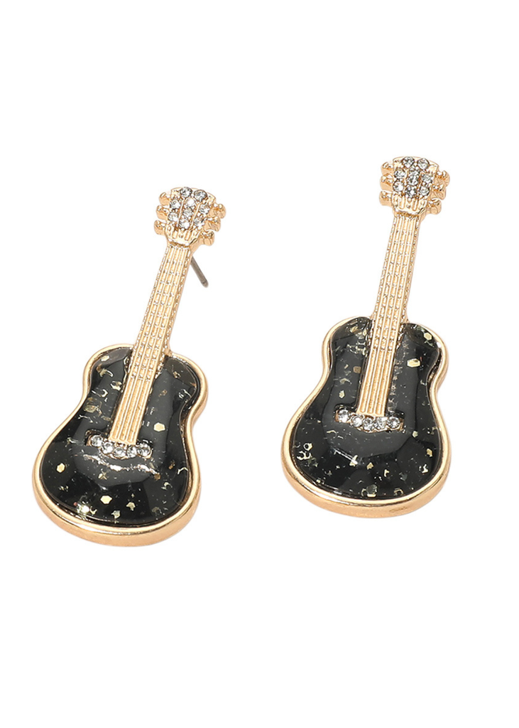 Black glittered guitar drop earrings with sparkling accents – Pretty Attitude rock jewelry
