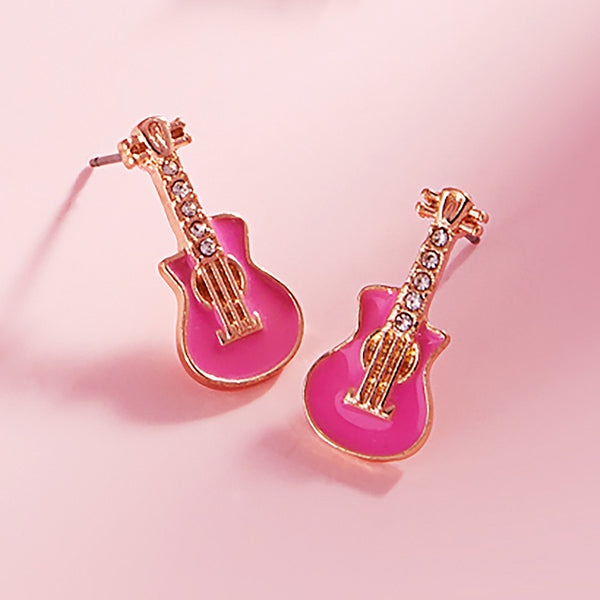 Rockstar Pink Stone Paved Enamel Guitar Stud Earrings