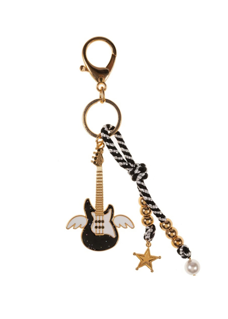 Black angel wing guitar bag charm keychain with knotted cord, star and pearl-style accents