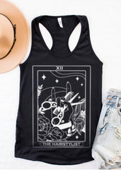 hairstylist hairdresser rock heavy metal scissors skull raise your horns roses tarot card tank top womens hair salon 