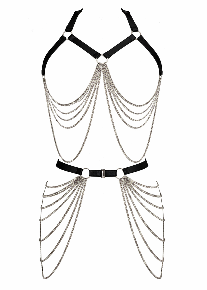 metal layered chain body harness black faux leather strap silver draped chains festival outfit rave lingerie gothic body chain belt accessory