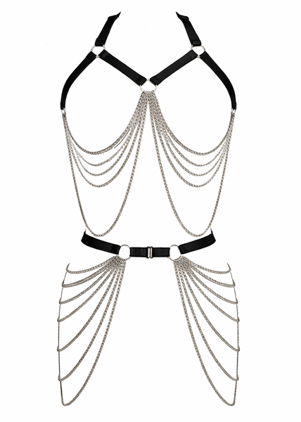 metal layered chain body harness black faux leather strap silver draped chains festival outfit rave lingerie gothic body chain belt accessory