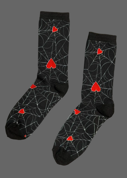 Heart web novelty socks with gothic spiderweb and heart pattern design for women - bohemian crew socks