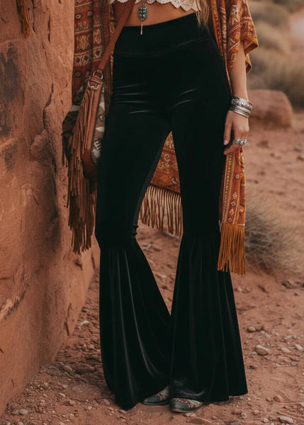 Black velvet bell bottom pants women high waist flare
