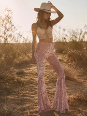 Stretchy high-waist pink velvet bell bottoms – back view