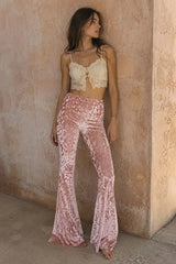 70s style pink velvet flare pants – side view