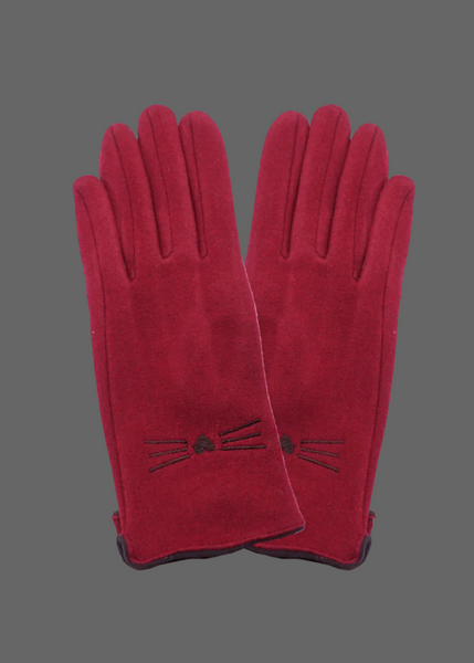 Red gloves with cat face design suede winter cold 