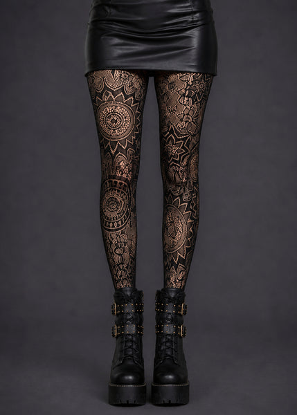 Black lace fishnet tights with intricate pattern detail — goth queen gothic hosiery by Pretty Attitude