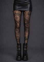 Black lace fishnet tights with intricate pattern detail — goth queen gothic hosiery by Pretty Attitude