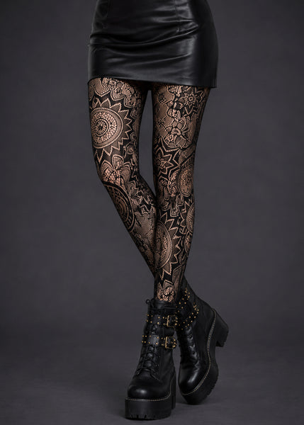 Black lace fishnet tights styled with leather mini skirt and ankle boots — gothic goth-glam fashion by Pretty Attitude