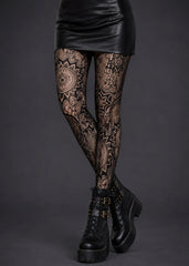 Black lace fishnet tights styled with leather mini skirt and ankle boots — gothic goth-glam fashion by Pretty Attitude