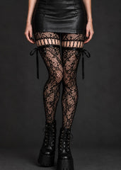 Black Floral Lace Cutout Tights with Side Ribbon Bows