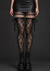 Black Floral Lace Cutout Tights with Side Ribbon Bows