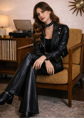 Black faux leather bell bottom trousers dramatic flare leg women