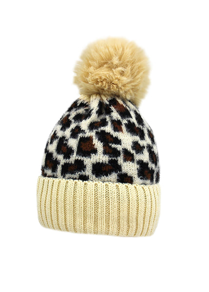 Leopard knit beanie hat with pom pom, cozy winter leopard print beanie for women