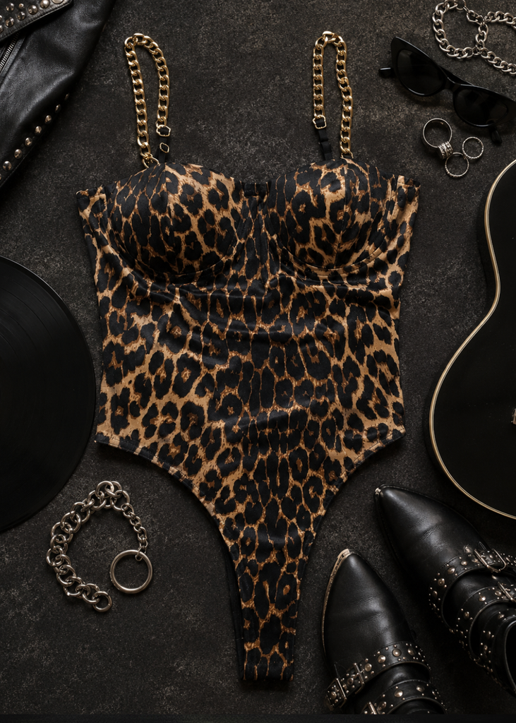 Leopard print bustier bodysuit with gold chain straps - side profile view on model with black ankle boots