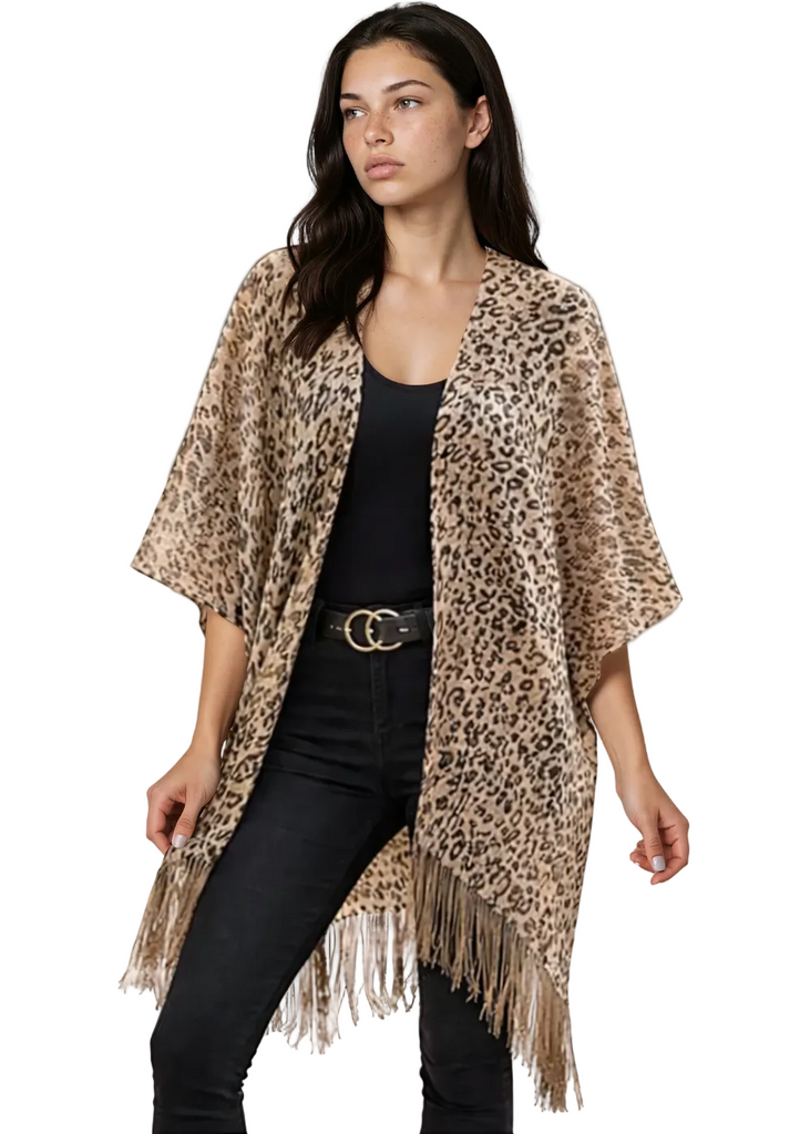 Leopard print kimono with fringe hem - boho chiffon duster cardigan open front