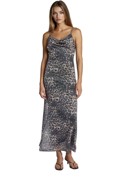 Grey leopard print cowl neck maxi dress with open back — floor-length boho-luxe style, Made in USA | Pretty Attitude