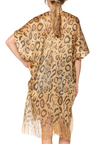Shimmering Leopard Print Poncho with Tassels – Trendy lurex kimono-style wrap for festivals, nights out, or casual glam.