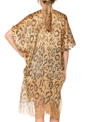 Shimmering Leopard Print Poncho with Tassels – Trendy lurex kimono-style wrap for festivals, nights out, or casual glam.